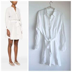 NWT 120% Lino Belted Linen Button Front Pintuck Detail Shirt Dress in White Sz S